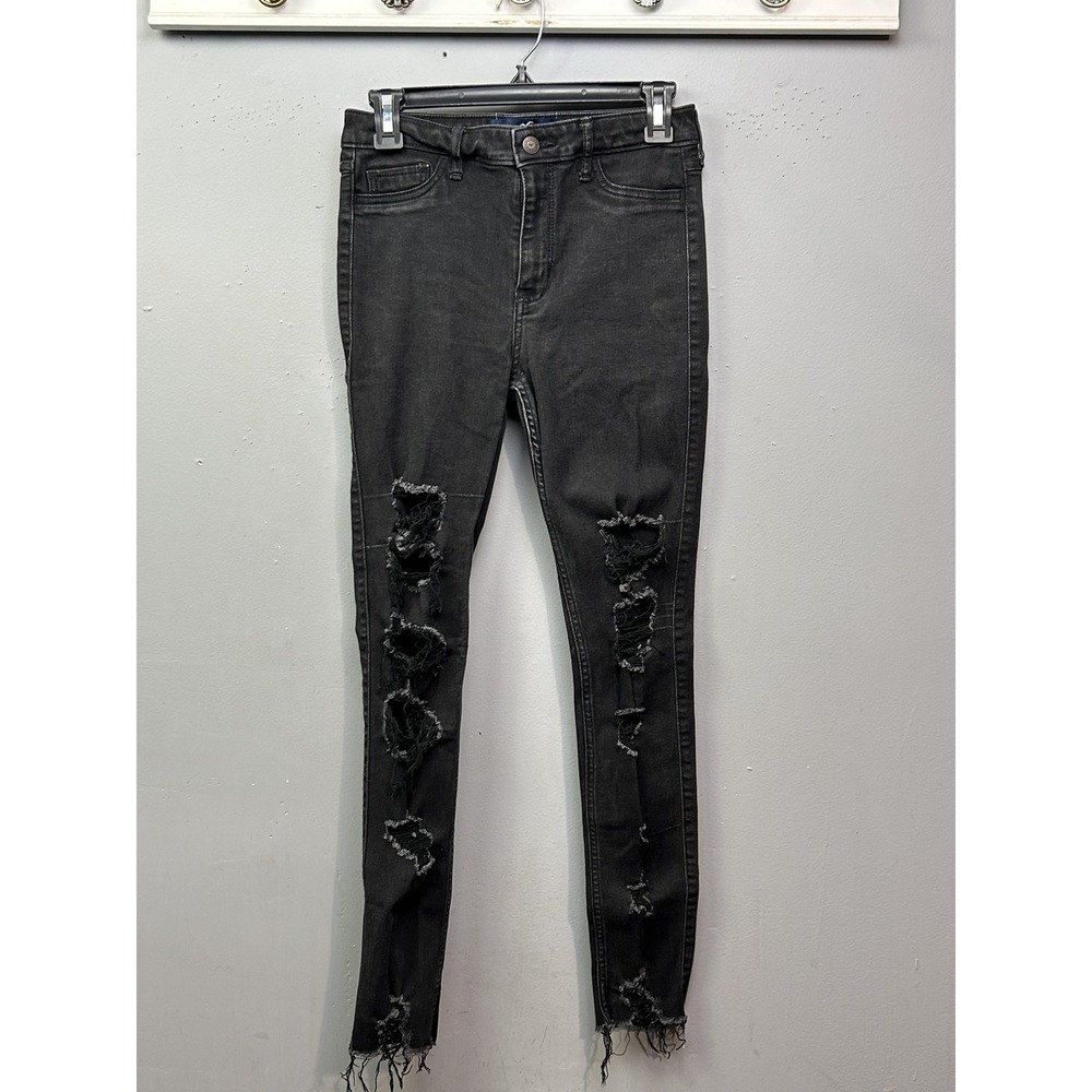Hollister Jeans Womens 5R Black High Rise Super Skinny Distressed Raw‎ Hem W27